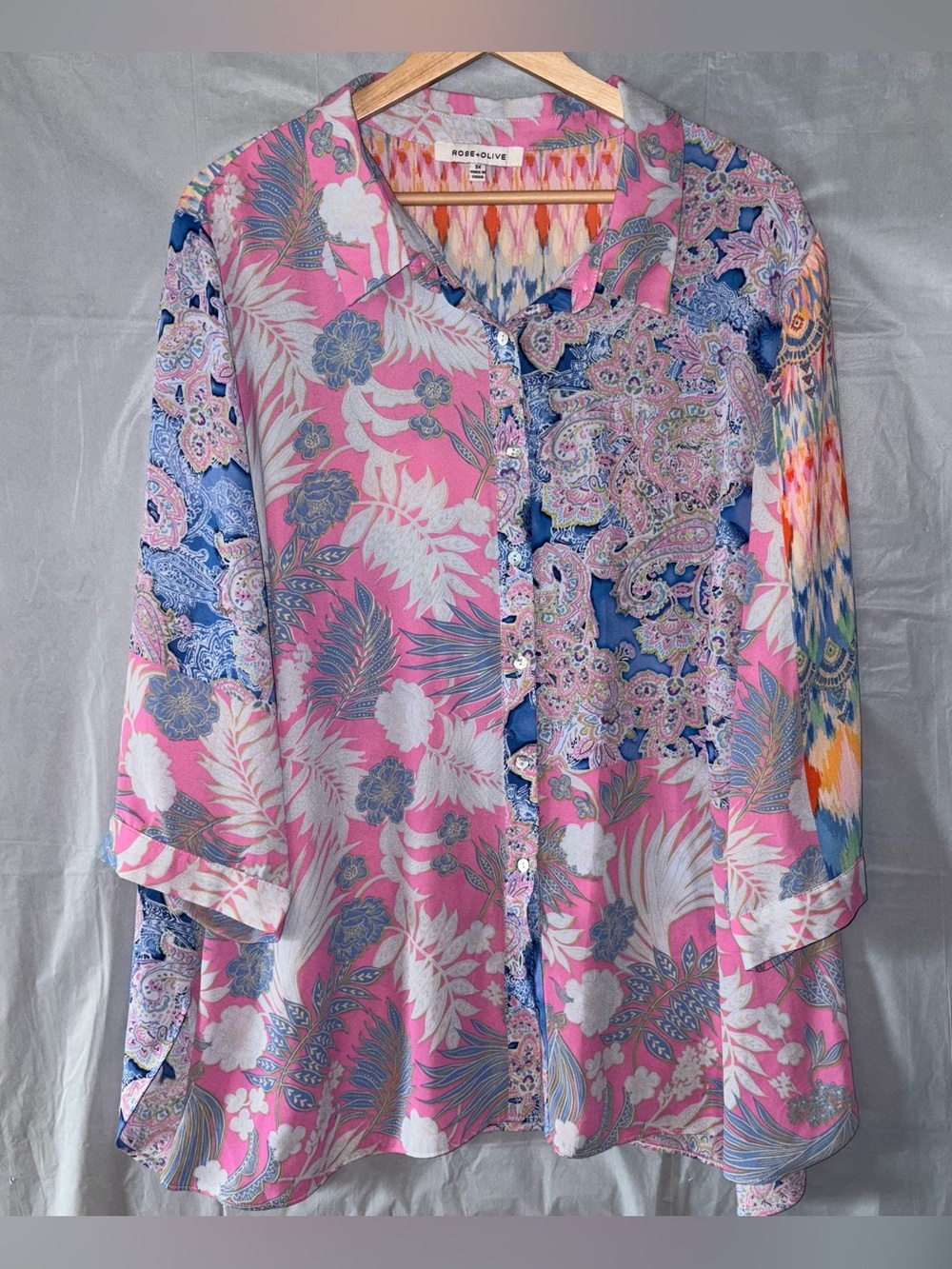 Rose And Olive Button Down Long Sleeve  Blouse 3X Pink Blue Artsy Paisley Flowy
